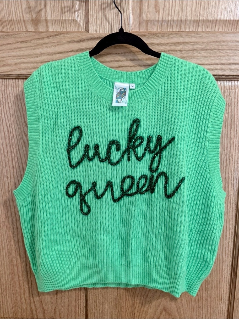 QUEEN OF SPARKLES Mint Green Knit Sleeveless Vest with Script